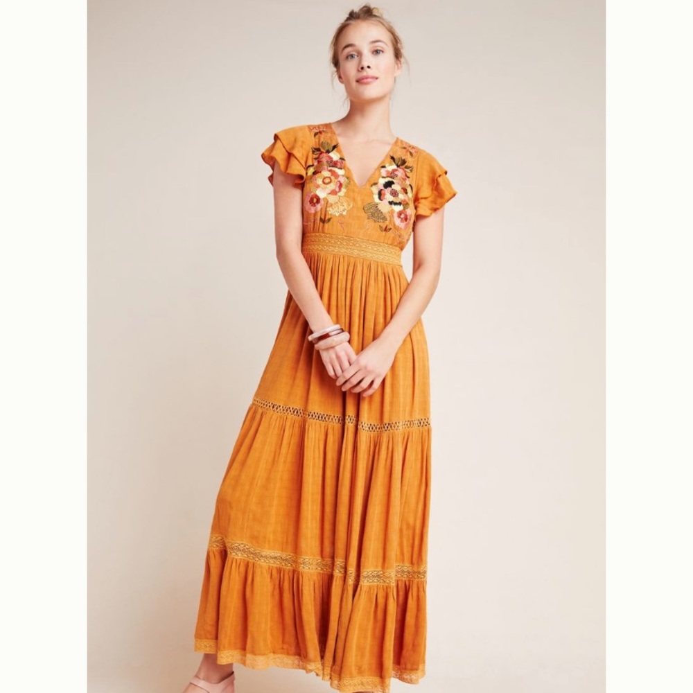 Anthropologie Sunshine Embroidered Maxi Dress